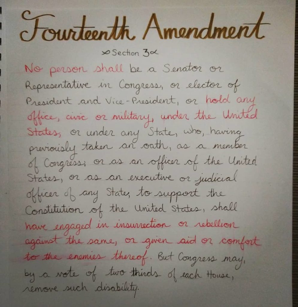 Image of the Fourteenth Amendment Section 3 written out.